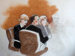 In this courtroom sketch, pop singer Taylor Swift, left, appears with her lawyer and mother in federal court Tuesday, Aug. 8, 2017, in Denver. Swift alleges that radio host David Mueller touched her during a concert meet-and-greet in 2013. The case went to court after Mueller sued Swift, claiming her false accusation cost him his job. He is seeking at least $3 million in damages. Swift countersued, claiming sexual assault. (AP Photo/Jeff Kandyba)