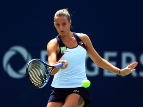 Karolina Pliskova of Czech Republic plays a shot against Anastasia Pavlyuchenkova of Russia during Day 5 of the Rogers Cup at Aviva Centre on Aug. 9, 2017. (Vaughn Ridley/Getty Images)