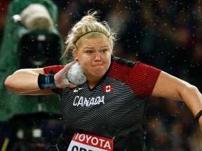 Canada’s Brittany Crew makes an attempt in the women’s shot put final during the World Athletics Championships in London Wednesday, Aug. 9, 2017. (AP Photo/Matt Dunham)