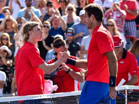 Juan Martin del Potro of Argentina congratulates Denis Shapovalov of Canada for his victory during Day 6 of Rogers Cup action at Uniprix Stadium on Aug. 9, 2017. (Minas Panagiotakis/Getty Images)