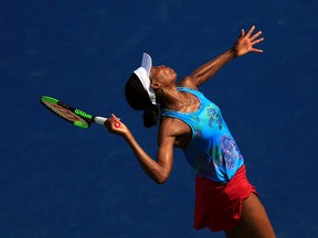 Venus Williams of the United States serves against Katerina Siniakova of Czech Republic during Day 5 of the Rogers Cup at Aviva Centre on Aug. 9, 2017. (Vaughn Ridley/Getty Images)