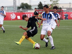 Team Manitoba soccer player Max Dragojevic competes in his team’s match against Team Quebec on Wednesday. (BROOK JONES/Postmedia Network)