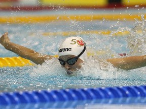 Oksana Chaput of Team Manitoba swims to a silver medal in the 50-metre butterfly yesterday at the Canada Games. (KEVIN KING/Winnipeg Sun)