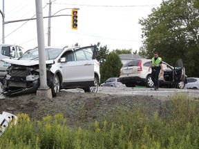 Gino Donato/Sudbury Star
Greater Sudbury fire, police and EMS responded to a collision on Municipal Road 35 on Wednesday afternoon. The road was closed at Marier Street in Azilda after a two-vehicle collision. Two people were transported to hospital.