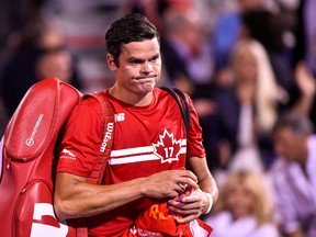 Milos Raonic of Canada walks off the court after his defeat against Adrian Mannarino of France during day six of the Rogers Cup presented by National Bank at Uniprix Stadium on August 9, 2017 in Montreal, Quebec, Canada. Adrian Mannarino of France defeated Milos Raonic of Canada 6-4, 6-4. (Photo by Minas Panagiotakis/Getty Images)