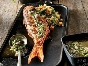 Grilled snapper with parsley sauce.