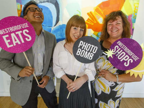 From left, Dan Hwang, chair of Westboro Village BIA, MaryAnne Petrella, manager at Canopy and CIEL and Mary Thorne, executive director of the Westboro Village BIA ham it up during the official launch to the 2017 Westboro FUSE at Wallspace Gallery Thursday. DARREN BROWN / POSTMEDIA