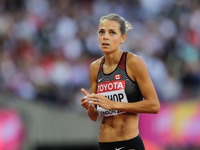Canada's Melissa Bishop after crossing the finish line after a Women's 800m heat during the World Athletics Championships in London on Aug. 10, 2017. (AP Photo/Tim Ireland)