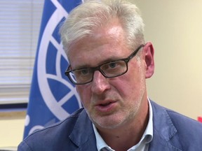 Laurent de Boeck the International Organisation for Migration (IOM) Chief of Mission for Yemen, talks to The Associated Press in Brussels, after a boat load of migrants were forced to abandon their boat by migrant smugglers, leaving five migrants dead and more than 50 still missing in the sea off the coast of Yemen, Thursday Aug. 10, 2017. This is the second such drowning in two days, de Boeck said Thursday "We have five bodies for sure ... but we believe that there are certainly more than 50 who are still in the sea." (AP Photo)