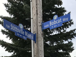 In March 2017, the short stretch between Stittsville Main and Norway Spruce streets underwent a name change, from Bell Street to Bobcat Way. DARREN BROWN / POSTMEDIA