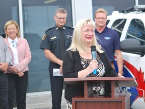 Lesli Green speaks at a press conference to announce Safe Ride Home Sudbury at Camrbian Ford on Thursday. Keith Dempsey/For The Sudbury Star