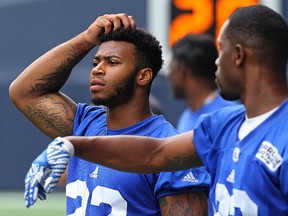 Defensive back Brian Walker (left) takes direction from T.J. Heath during Winnipeg Blue Bombers practice in Winnipeg on Wed., Aug. 2, 2017. Kevin King/Winnipeg Sun/Postmedia Network