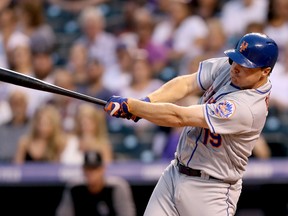 Jay Bruce of the New York Mets hits a home run against the Colorado Rockies at Coors Field on August 2, 2017 in Denver. (Matthew Stockman/Getty Images)