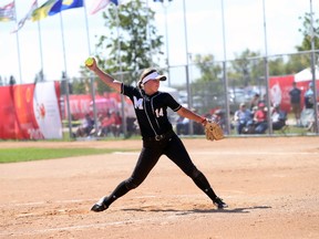 Team Manitoba softball player Zoe Hicks pitches in her team's match against Team Alberta at the 2017 Canada Summer Games in Female Softball at John Blumberg Softball Complex in Headingley, Man., on Aug. 10, 2017. (Brook Jones/Postmedia Network)