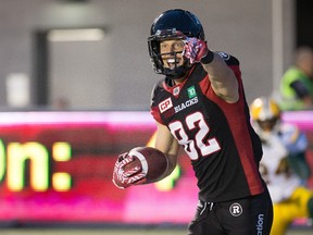 Greg Ellingson celebrates his touchdown in the second quarter as the Ottawa Redblacks take on the Edmonton Eskimos in CFL action at TD Place in Ottawa on Thursday evening.