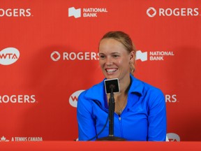 Caroline Wozniacki of Denmark speaks to the media after defeating Agnieszka Radwanska of Poland during Day 6 of the Rogers Cup at Aviva Centre on Aug. 10, 2017. (Vaughn Ridley/Getty Images)