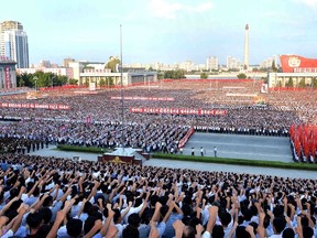 This picture taken on August 9, 2017 and released by North Korea's official Korean Central News Agency (KCNA) on August 10, 2017 shows a rally in support of North Korea's stance against the US, on Kim Il-Sung square in Pyongyang. (KCNA VIA KNS/GETTY IMAGES)
