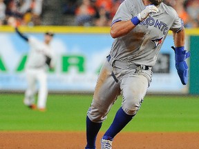 Toronto Blue Jays' Kevin Pillar runs to third on Darwin Barney's single during the seventh inning of a baseball game against the Houston Astros, Saturday, Aug. 5, 2017, in Houston. (AP Photo/Eric Christian Smith)