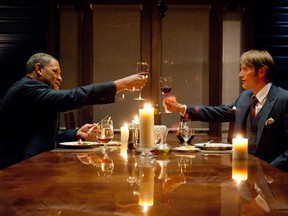 This TV image released by NBC shows Laurence J. Fishburne III as Jack Crawford, left, and Mads Mikkelsen as Dr. Hannibal Lecter in a scene from "Hannibal." (AP Photo/NBC, Brooke Palmer)