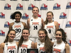 The Sudbury Jam under-15 girls pose with their third-place plaque from the Canadian National Club Basketball Championships, also known as the bballnationals, held at the Langley Events Centre in British Columbia last weekend. Photo supplied