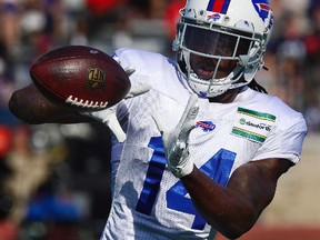 In this July 29, 2017, file photo, Buffalo Bills wide receiver Sammy Watkins catches a pass during an NFL football training camp in Pittsford, N.Y. (AP Photo/Adrian Kraus, File)