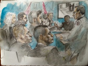 Disciplinary hearing at Police Headquarters August 10, 2017 L to R foreground: officers Adam Lourenco & Scharnil Pais L to R background: Pais' lawyer Joanne Mulcahy, Lourenco's lawyer Lawrence Gridin, counsel for complainant Jeff Carolin, Hearing Officer Insp. Richard Hegedus (seated), complainant (seated, cannot be identified), Insp. Domenic Sinopoli, counsel for the police, (far right). Surveillance video in background. (Pam Davies sketch/Toronto Sun)