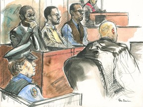 Tyshan Riley, Philip Atkins and Jason Wisdom listen as Justice Michael Dambrot directs the jury. The three are accused of killing Brenton "Junior" Charlton in March 2004. (FILE SKETCH/Pam Davies/Toronto Sun)