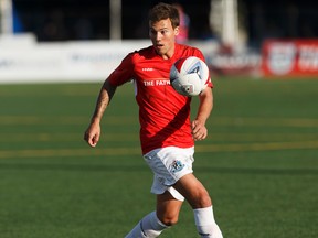 FC Edmonton's Ben Fisk (9) controls the ball during a NASL game versus the New York Cosmos at Clarke Stadium in Edmonton on August 11, 2017.