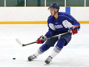 Defenceman Bray Crowder takes part in the Sudbury Wolves prospect orientation camp at Gerry McCrory Countryside Sports Complex in Sudbury, Ont. on Saturday April 22, 2017. Son of former NHL tough guy Troy Crowder, the 18-year-old Sudbury native attended camp as a free-agent invitee after a season with the Amarillo Bulls of the North American Hockey League. John Lappa/Sudbury Star/Postmedia Network