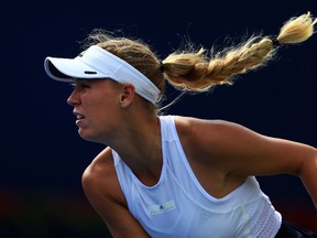 Caroline Wozniacki of Denmark serves against Karolina Pliskova of Czech Republic during Day 7 of the Rogers Cup at Aviva Centre on August 11, 2017 in Toronto, Canada. (Photo by Vaughn Ridley/Getty Images)