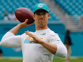 Ryan Tannehill #17 of the Miami Dolphins throws during warmups before the Dolphins played against the Atlanta Falcons at Hard Rock Stadium on August 10, 2017 in Miami Gardens, Florida. (Joe Skipper/Getty Images)
