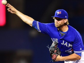 Toronto Blue Jays starting pitcher Chris Rowley works during the first inning against the Pittsburgh Pirates, in Toronto on Saturday, August 12, 2017. (THE CANADIAN PRESS/Frank Gunn)