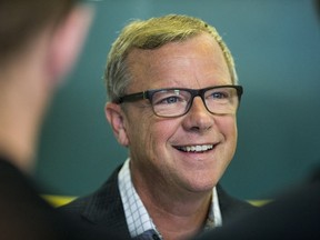 Saskatchewan Premier Brad Wall addresses the media the day after announcing his retirement at Cameron Scott's campaign office in Saskatoon on Friday, Aug. 11, 2017. (Matt Smith/POSTMEDIA)