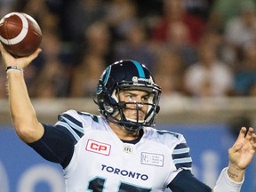 Toronto Argonauts quarterback Cody Fajardo throws a pass during second half CFL football action against the Montreal Alouettes in Montreal, Friday, August 11, 2017. (THE CANADIAN PRESS/Graham Hughes)