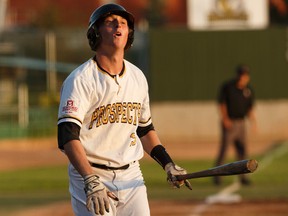 Edmonton Prospects' Dean Olson (15) watches a foul ball during a Western Major Baseball League playoff game versus the Medicine Hat Mavericks at RE/MAX Field in Edmonton on Wednesday, August 9, 2017.