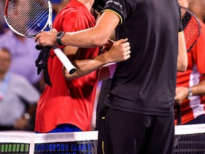 Denis Shapovalov of Canada congratulates Alexander Zverev of Germany for his 6-4, 7-5 victory during day nine of the Rogers Cup presented by National Bank at Uniprix Stadium on August 12, 2017 in Montreal, Quebec, Canada. (Minas Panagiotakis/Getty Images)