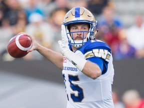 Winnipeg Blue Bombers quarterback Matt Nichols makes a pass against the Hamilton Tiger-Cats in first-half CFL action in Hamilton, Ont., Saturday, August 12, 2017. THE CANADIAN PRESS/Aaron Lynett