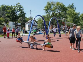 The refurbished Memorial Centre Park, which includes a playground, had its official reopening ceremony Sunday. (Julia McKay/The Whig-Standard)