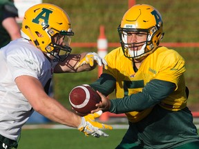 (left to right) Ed Ilnicki (4) and Ben Kopczynski (5) take part in an Alberta Golden Bears football camp practice at Foote Field, in Edmonton on Monday Aug. 15, 2016.