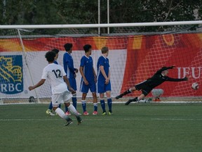 Monti Mohsen scores on a free kick in Ontario's 1-0 win over Alberta in the men's soccer final at the Canada Summer Games in Winnipeg on Aug. 12, 2017. (Marlene Stirrett-Matson, Team Ontario photo)