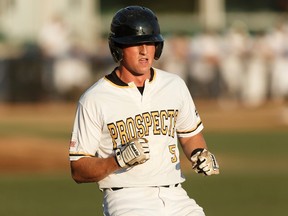 Edmonton Prospects' Anthony Olson (5) runs to first base during a Western Major Baseball League playoff game versus the Medicine Hat Mavericks at RE/MAX Field in Edmonton on Wednesday, August 9, 2017.