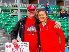 Belleville's Cindy Nelles of the Canadian senior women's rugby team got some support from her father, John Nelles, on Sunday in Dublin, Ireland where the Canadians defeated Wales 15-0 at the 2017 Women's Rugby World Cup. (RJ Photography)