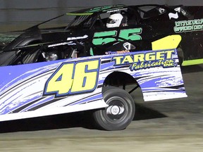 Brandon Mowat (46) on his way to Victory Lane in the pro late models feature Saturday night at Brighton Speedway. (Rod Henderson photo)