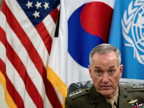 Joint Chiefs Chairman Gen. Joseph Dunford speaks at a news conference at U.S. Army Garrison Yongsan, Seoul, South Korea, Monday, Aug. 14, 2017. The top U.S. military officer is warning during a trip to Seoul that the United States is ready to use the "full range" of its military capabilities to defend itself and its allies from North Korea. A spokesman says Marine Corps Gen. Dunford also told his South Korean counterparts Monday that the North's missiles and nukes threaten the world. (AP Photo/Andrew Harnik)