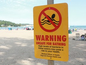 Signs were posted at little beach in Port Stanley to make people aware of a swimming advisory in place because of unsafe levels of bacteria in the water. Despite the advisory hundreds of people showed up to the beach on Monday to swim. (Laura Broadley/Times-Journal)