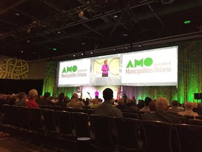 Lynn Dollin, president of the Association of Municipalities of Ontario, addresses conference delegates at the Shaw Centre on Monday.