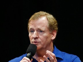 NFL football Commissioner Roger Goodell talks with Arizona Cardinals season ticket holders during an event at University of Phoenix Stadium ,Monday, Aug. 14, 2017, in Glendale, Ariz. (AP Photo/Ross D. Franklin)