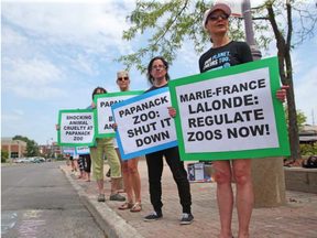 Activists with the Ottawa Animal Defense League are protesting outside the constituency office of MPP Marie-France Lalonde in Ottawa, August 14, 2017. (JEAN LEVAC / POSTMEDIA)