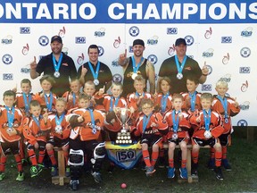 The Sarnia Tyke 2 Pacers won the Tyke E Division provincial championship at the 2017 Ontario Lacrosse Festival recently in Whitby. They beat Midland 4-3 in the final to finish with a 4-1 record. The Pacers are, front row, left: Gavin Smith, Liam Davey, Nolan McKinlay, Levi Toenders, Ben Knowles, Dekker Holbrough and Tristan Daamen. Middle row: Owen Passmore, Gavin Oblak, Caden Kreeft, Tucker Ysebaert, Rory MacKenzie, Conner MacKeller, Kai Tope, Bryce Simon and Jack Stephenson. Back row: assistant coach Jay Toenders, head coach Chris Davey, head coach Brad Holbrough and trainer Derek McKinlay. Absent are Will White and manager Andy Knowles. (Contributed Photo)