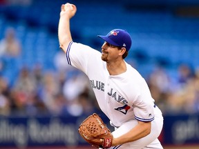 Toronto Blue Jays starting pitcher Nick Tepesch (48) works during third inning American league baseball action against the Tampa Bay Rays, in Toronto on Monday, August 14, 2017. (THE CANADIAN PRESS/Frank Gunn)